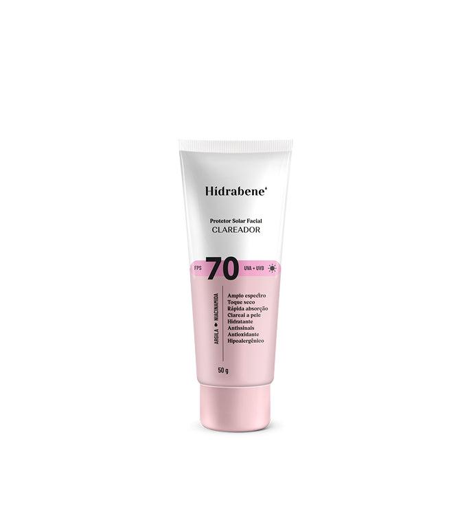 Bisnaga do Protetor Solar Facial FPS 70 Clareador sobre fundo branco.