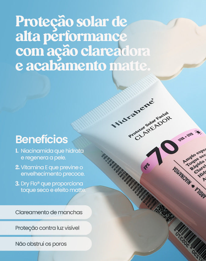 Arte oficial com informações do Protetor Solar Facial FPS 70 Clareador Hidrabene.
