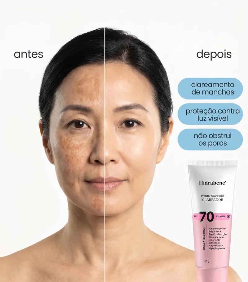 Arte oficial de antes e depois do Protetor Solar Facial FPS 70 Clareador.